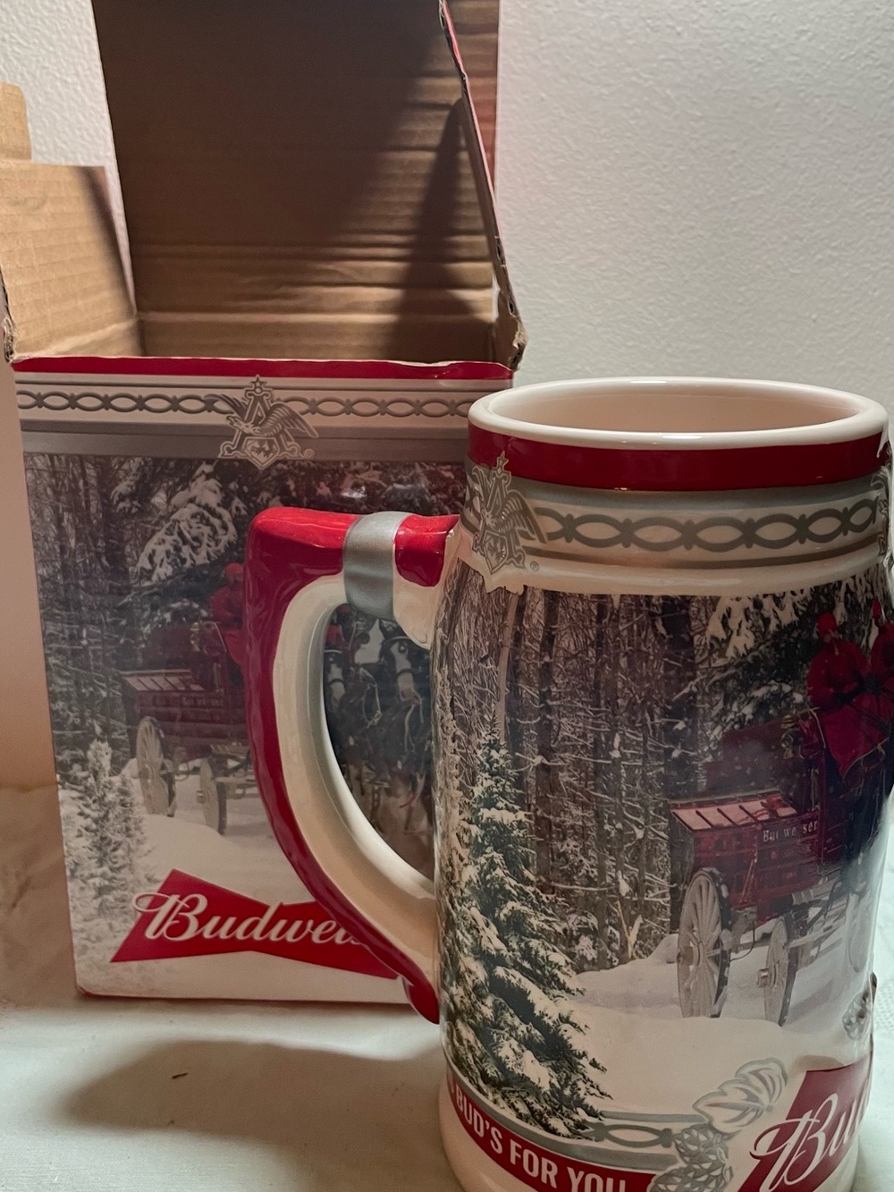 Budweiser Red and White Ceramic Holiday Stein with Winter Carriage Scene
